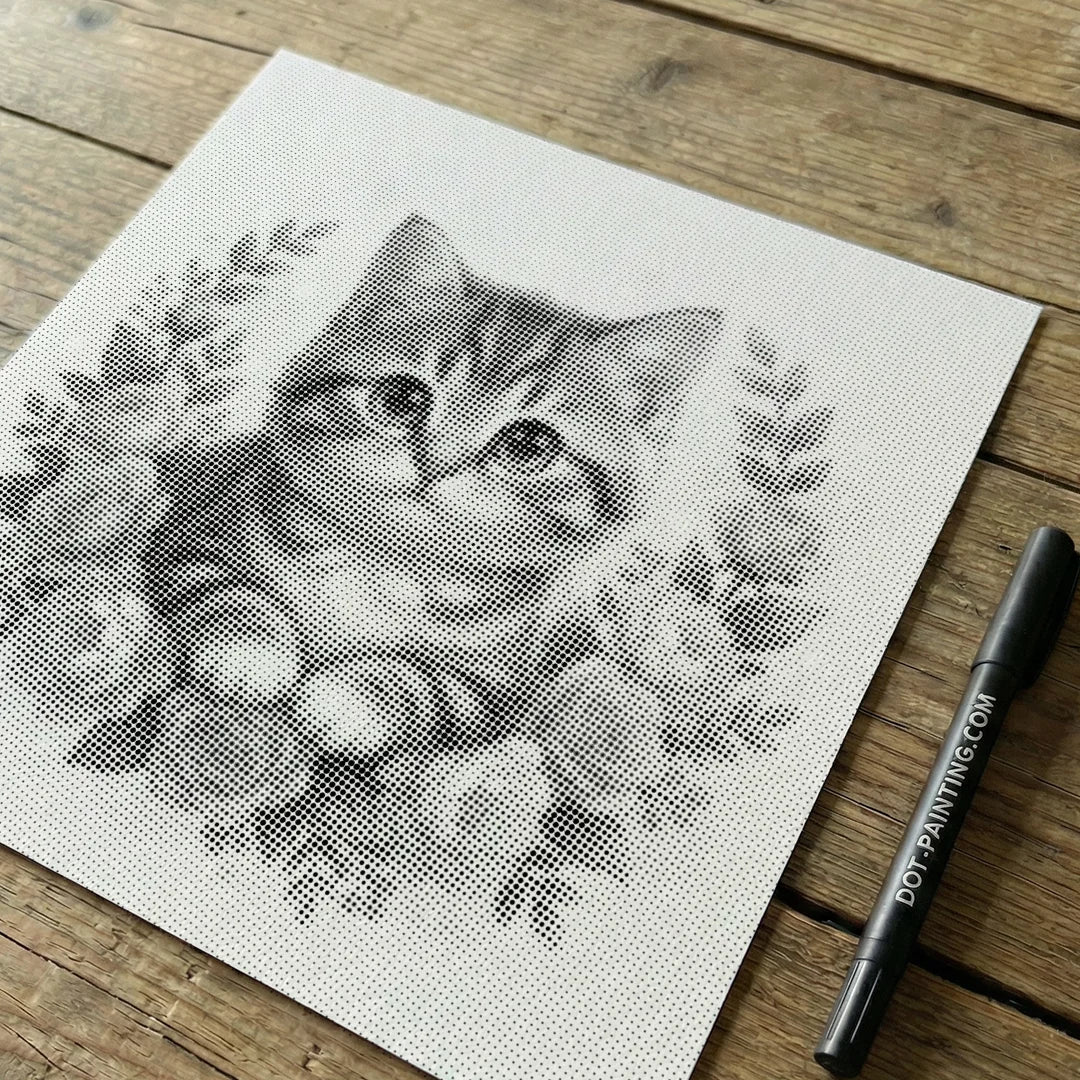 Chat avec des fleurs, peinture à 2 points