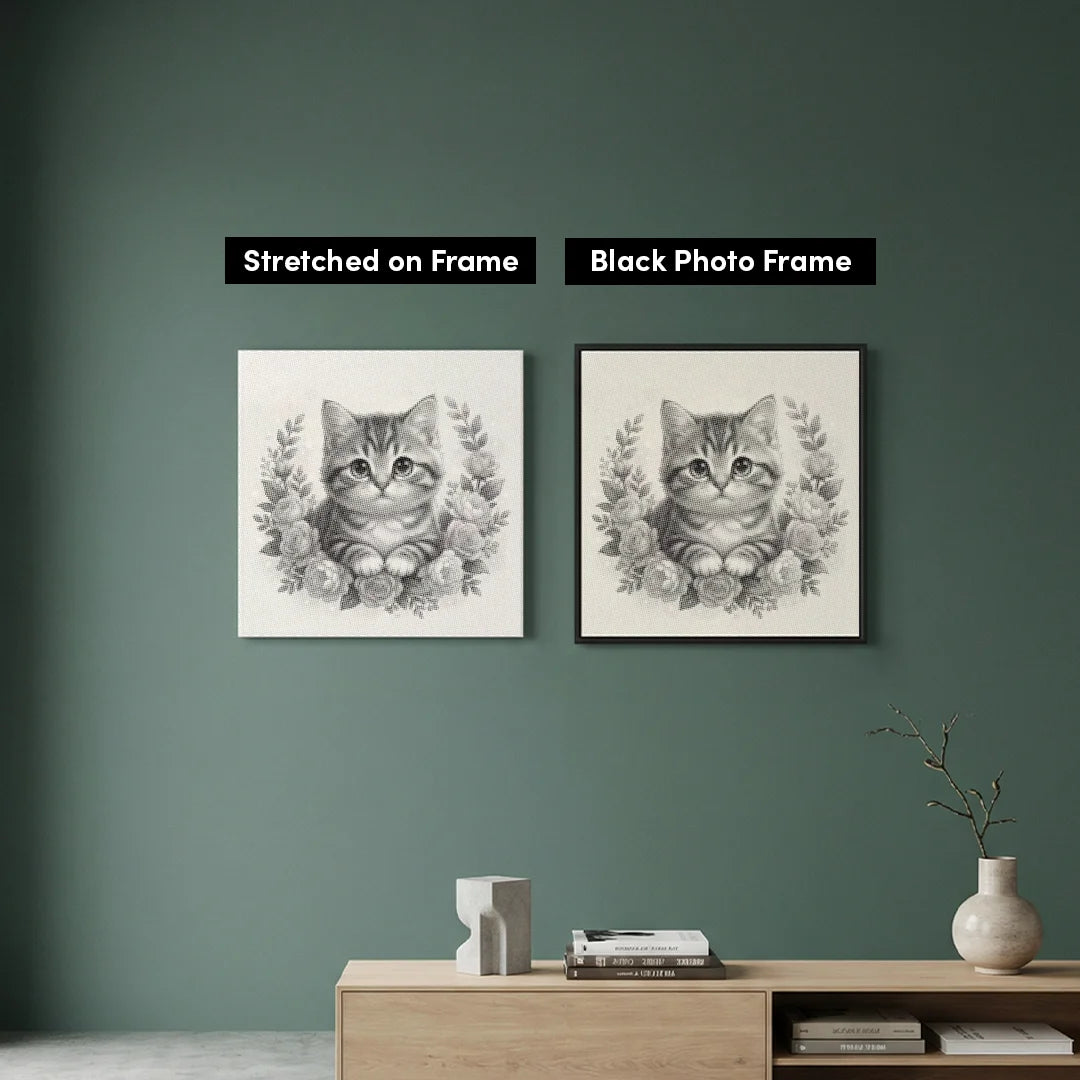 Chat avec des fleurs, peinture à 2 points