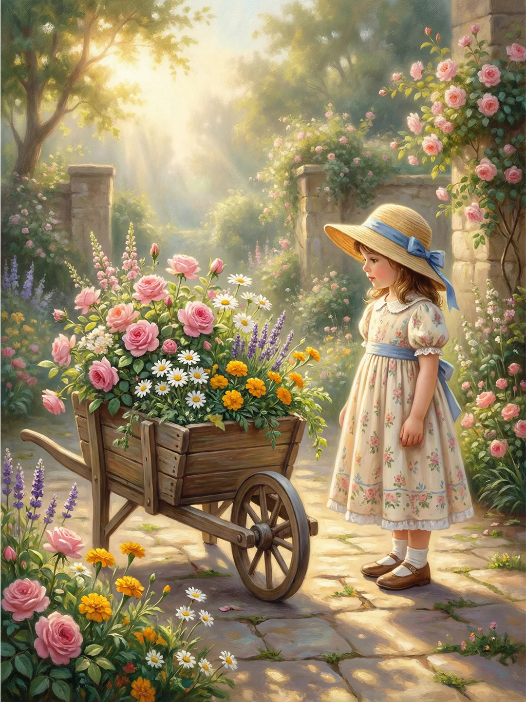 Fille avec un panier de fleurs, peinture à points